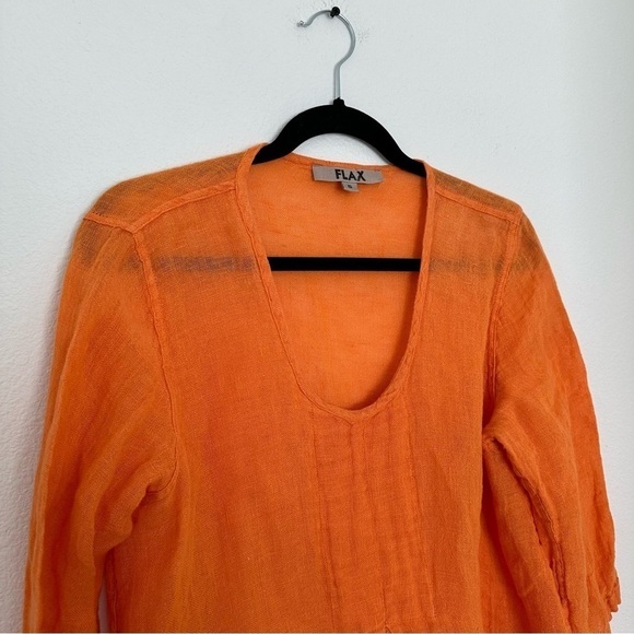 FLAX Woodstock Flowy Linen Blouse Orange V Neck Size Small Women’s 3/4 Sleeves - Picture 3 of 9